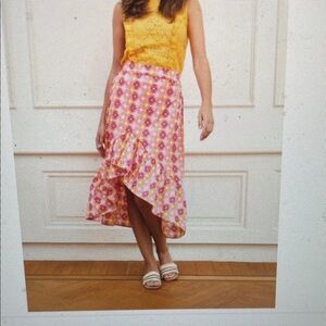 Lofty manner cropped side asymmetrical Pink patterned midi Ruffle Skirt